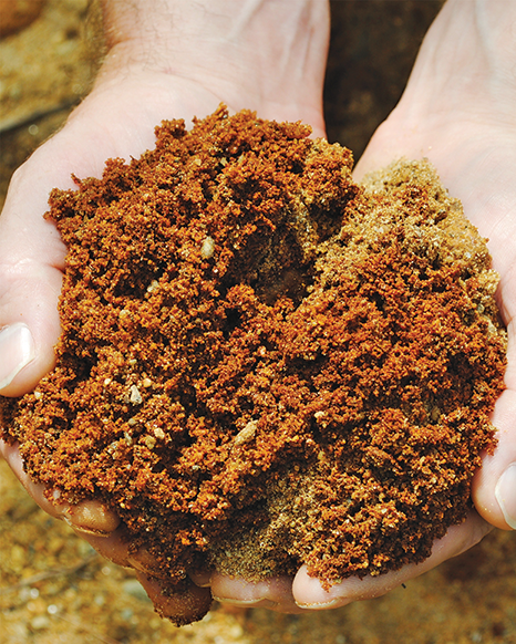 Two hands hold red oxidized soil