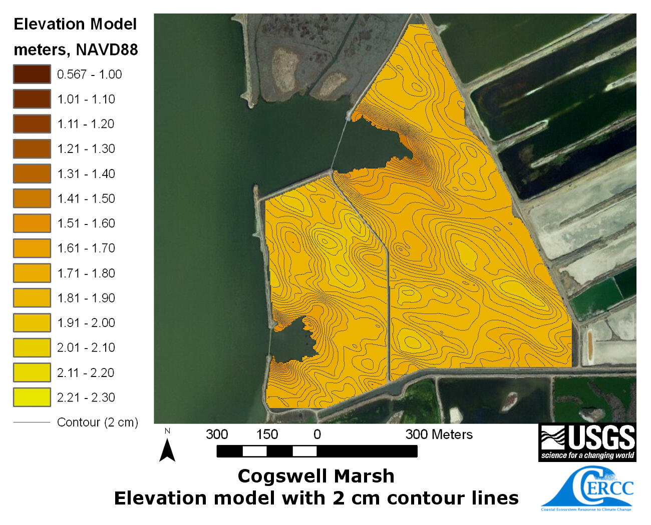 Map of the derived elevation data at Cogswell Marsh with 2 cm contour lines