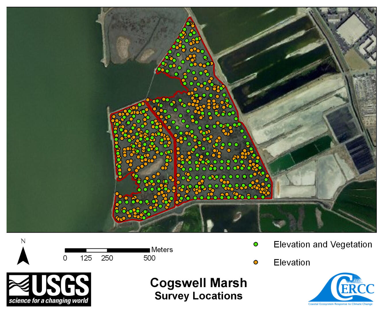 Map of elevation sampling point locations at Cogswell Marsh