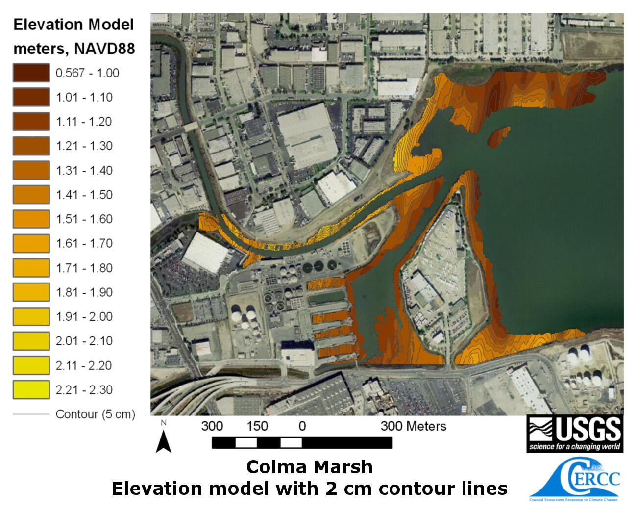 Map of the derived elevation data at Colma Marsh with 2 cm contour lines