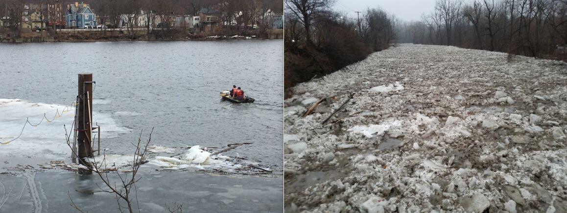 2 people in a boat on river at left and ice jam on a different river on right