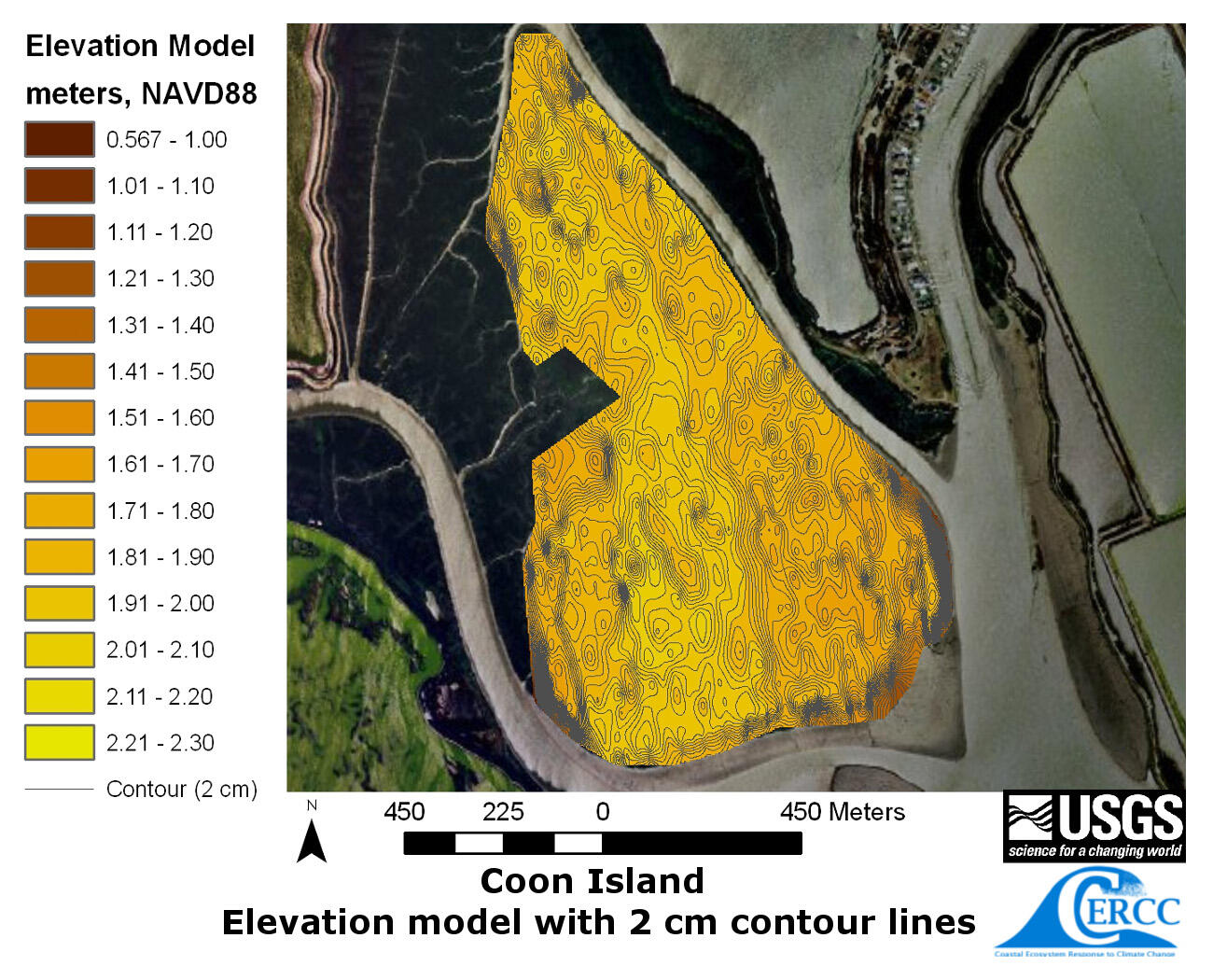 WERC map of the derived elevation data at Coon Island Marsh with 2 cm contour lines.