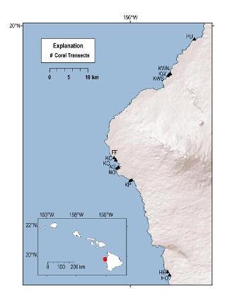 Map of a coastline and the areas that have been mapped are labeled with dots and letters.