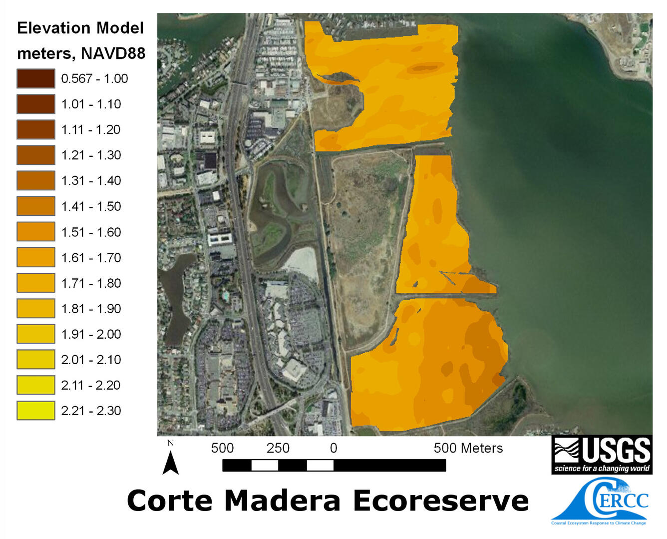 Map of the derived elevation data at Corte Madera Marsh