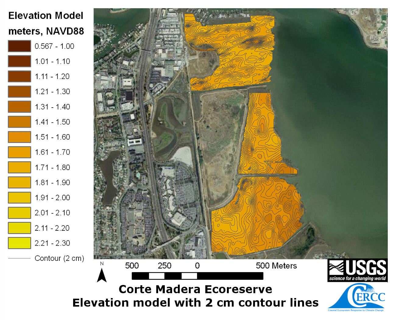 Map of the derived elevation data at Corte Madera Marsh with 2 cm contour lines
