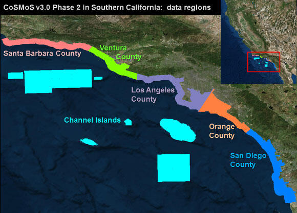Map of a coastline with labeled, colored blocks to show where data sets have been collected.