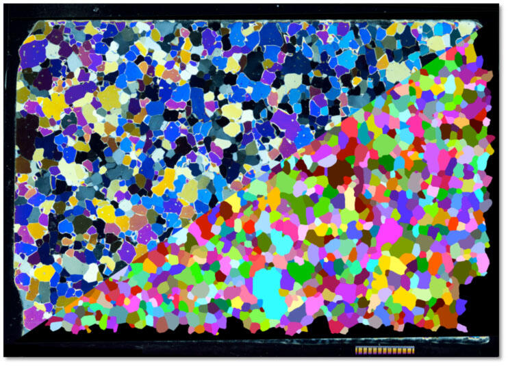 Split view of the observed grain structure and image-processed representation