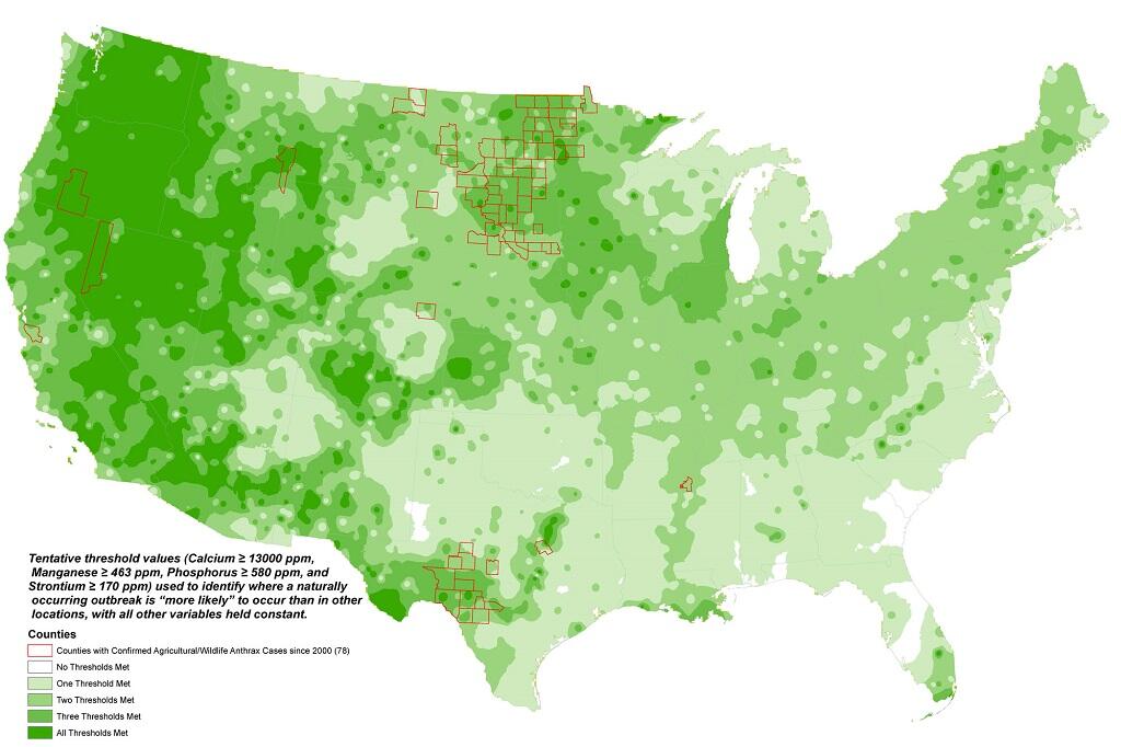 Map showing tentative threshold values of elements associated with outbreaks of Anthrax