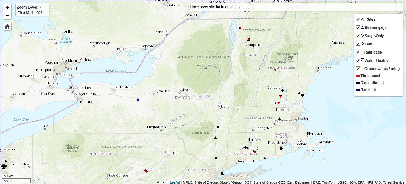 map of  Threatened, Endangered, Discontinued and Rescued Stations