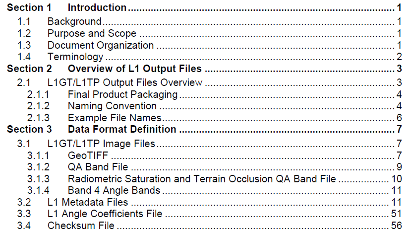 Table of contents of the Landsat 8 Collection 2 Level 1 DFCB