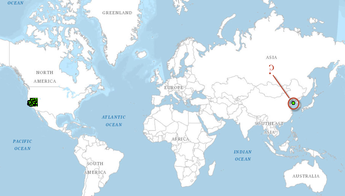 Map showing data points in California with one outlier off the coast of China