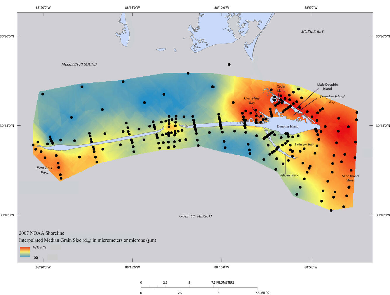 Interpolated spatial distribution of median grain size