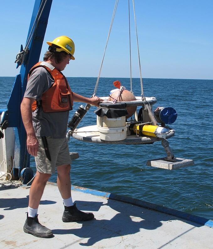 Image of a small platform that measures ocean currents is deployed northwest of Chandeleur Islands