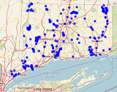 Map showing discrete water samples collection locations in Connecticut 1972-2020
