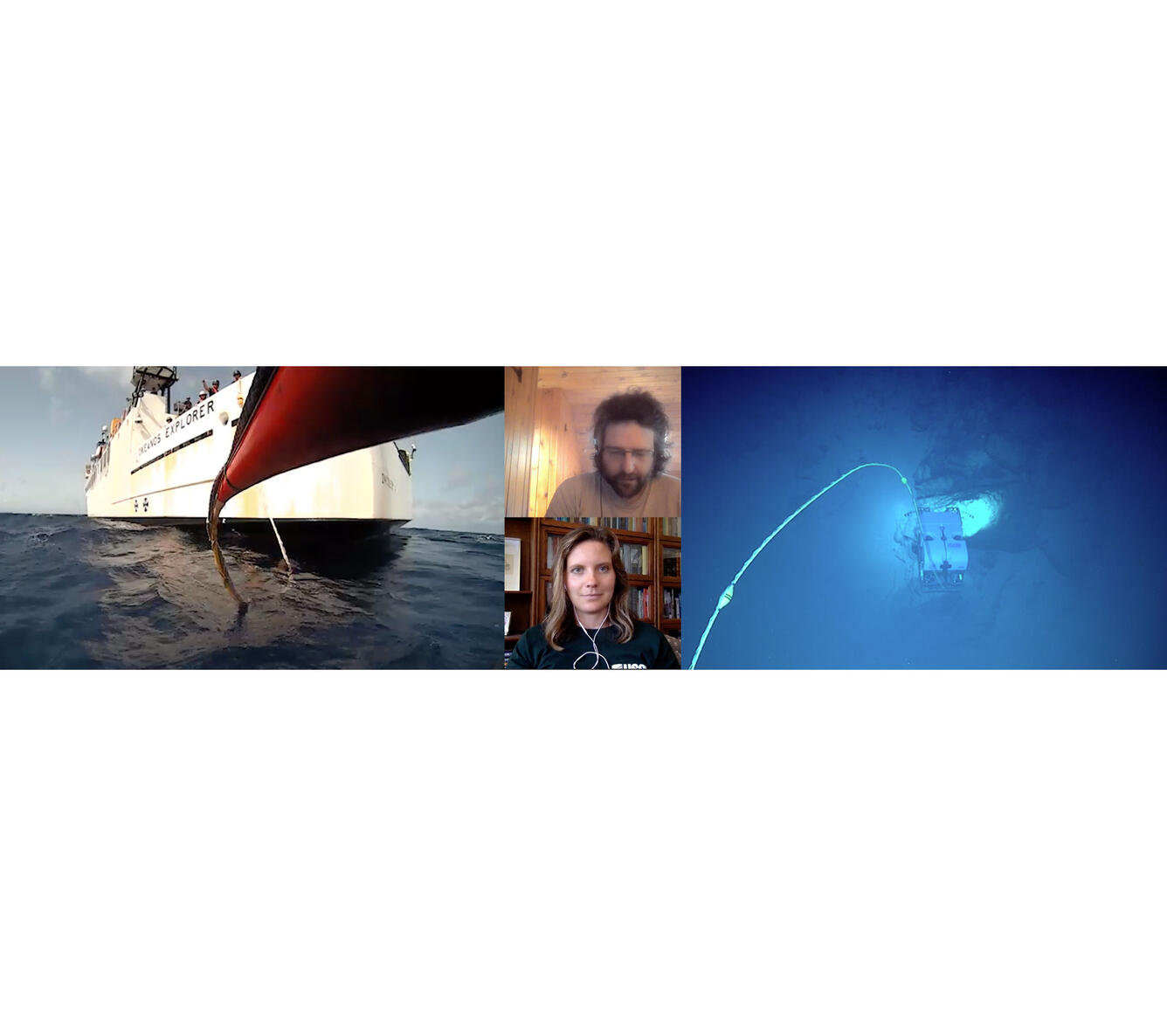 Group of three photos, first one of a ship on the water, second two people, and third a deep underwater view.