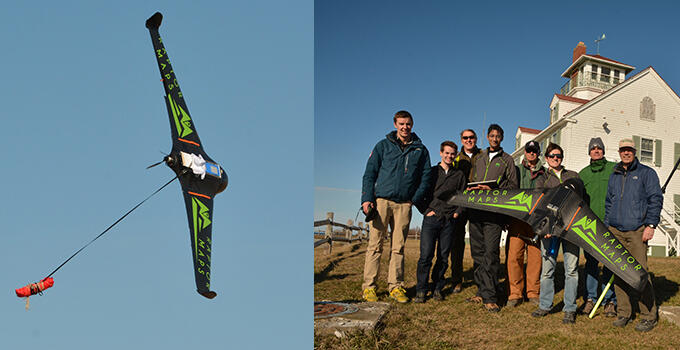 Fixed wing unmanned aerial system deploying its parachute and the mapping team in front of the old Coast Guard Station, Cape Cod