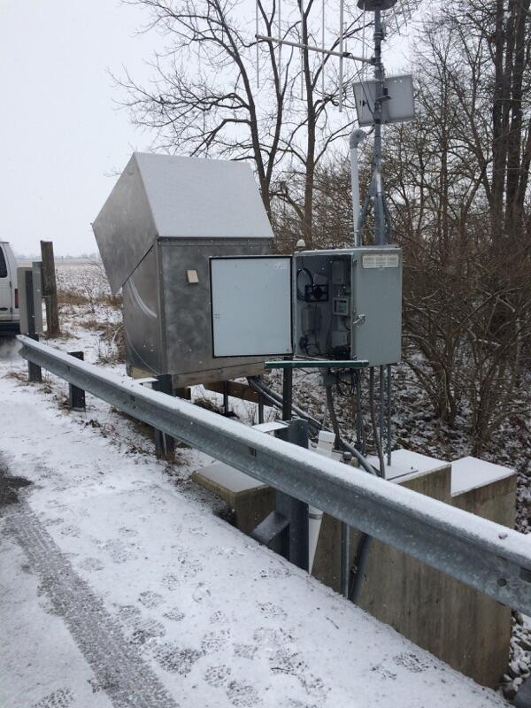 Eagle Creek above Findlay OH - gage house view from snow covered bridge