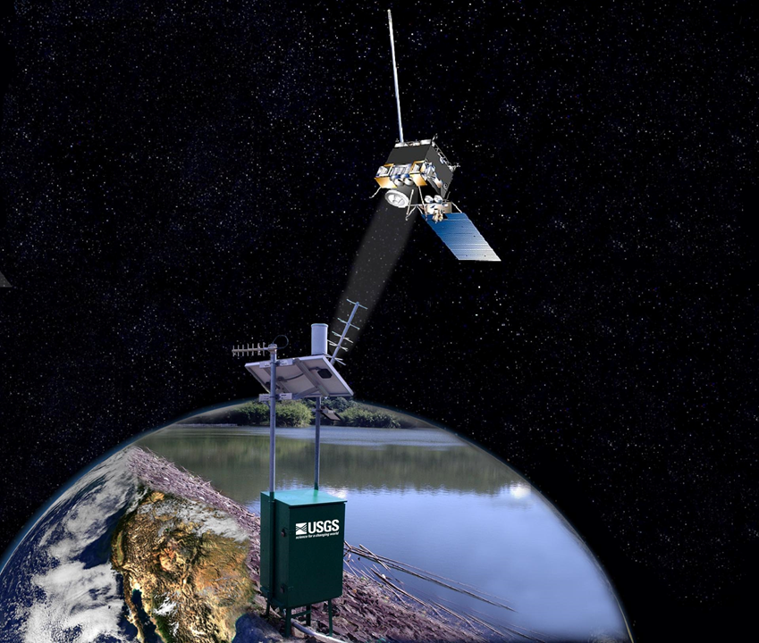 Representation of a surface-water station transmitting data to satellite 