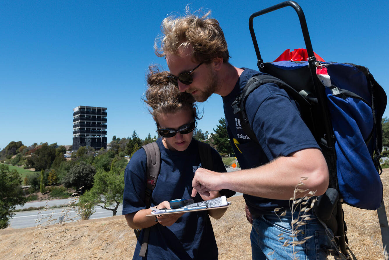 Jennifer Dreiling and Marius Isken consult their GPS and field notes