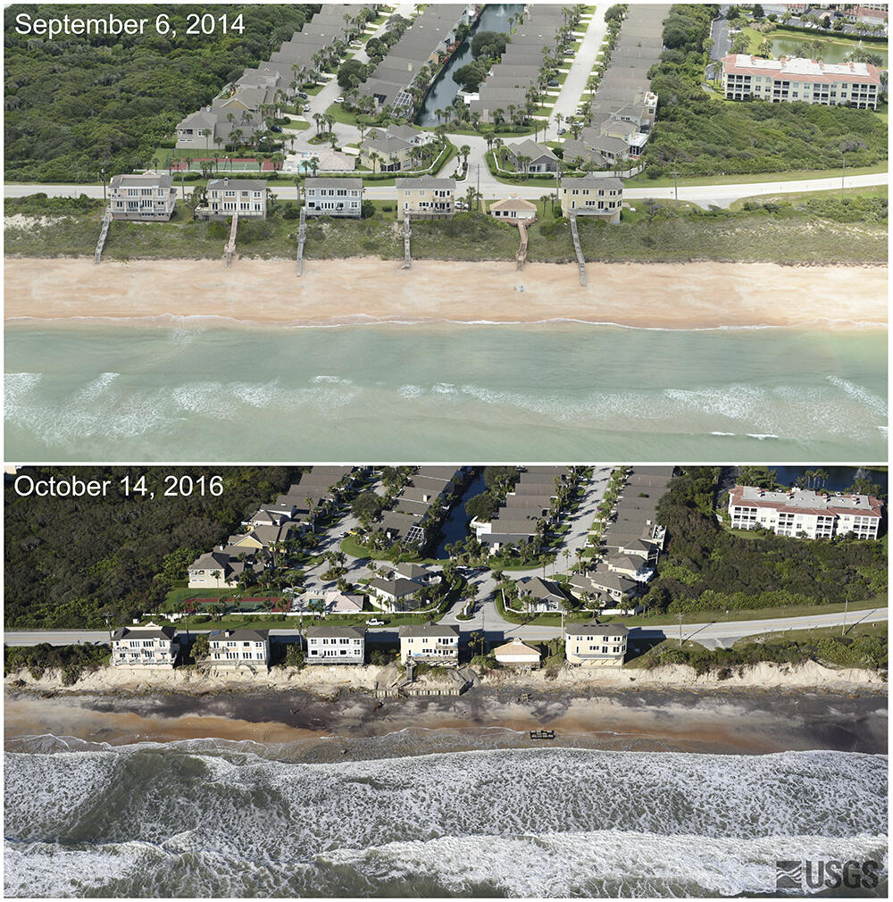 Beach and houses at Vilano Beach, FL before and after Hurricane Matthew