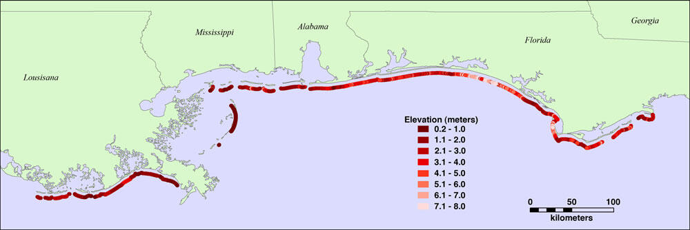 Map of Dhigh, elevations for the barrier islands in the northern Gulf of America