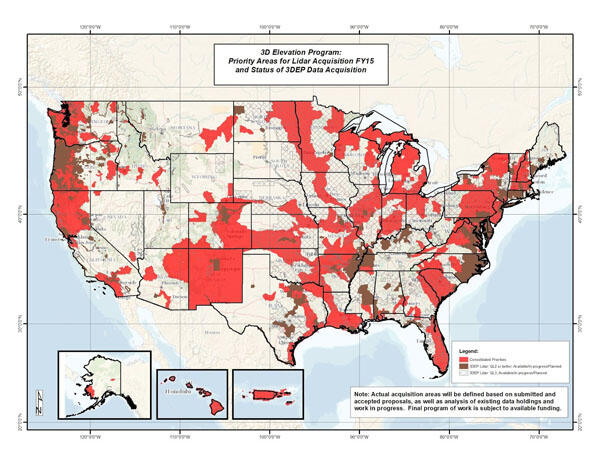 Map showing 3D Elevation Program: Priority Areas for Lidar Acquisition FY15 and Status of 3DEP Data Acquisition