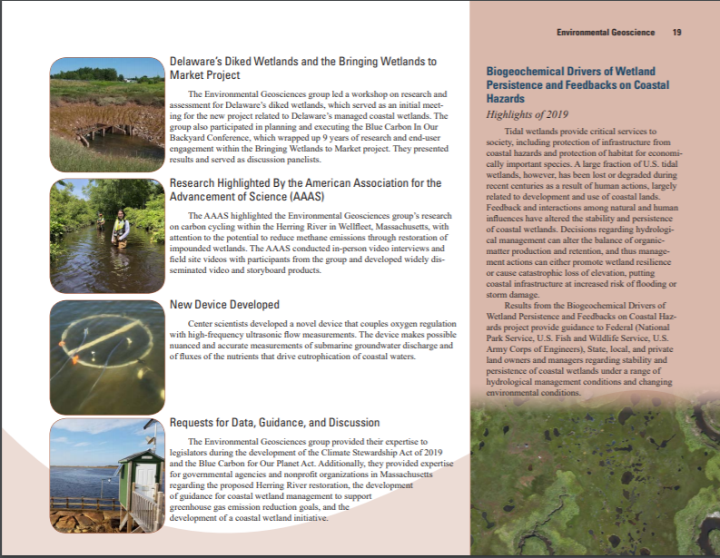 The Biogeochemical Drivers of Wetland Persistence and Feedbacks on Coastal Hazards page with a project description and highlight