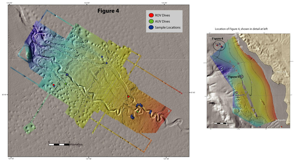 Illustration of the seafloor showing depth and locations of surveys.