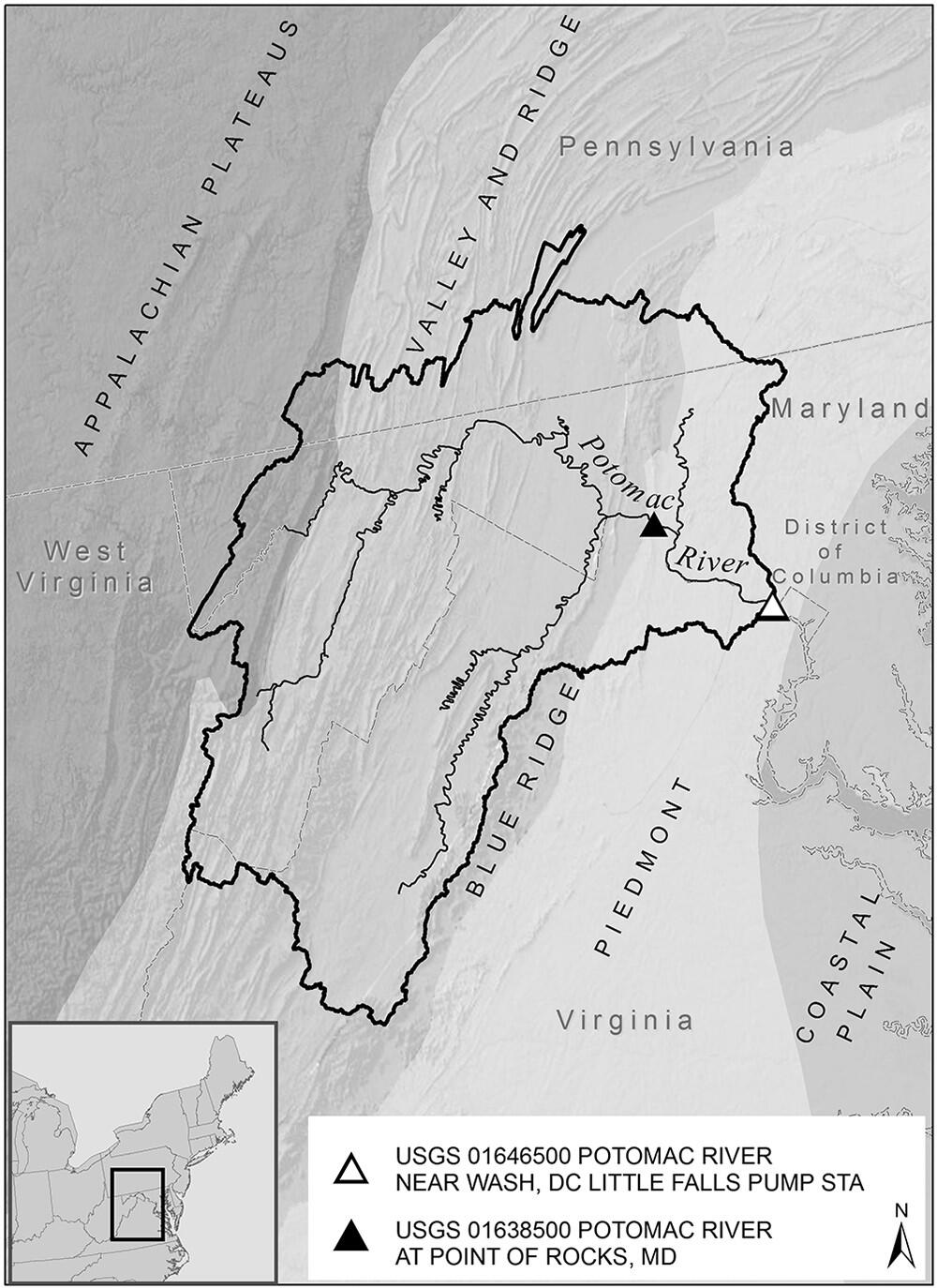 Potomac River watershed with US Geological Survey gages at Little Falls and Point of Rocks