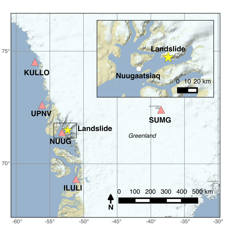 Overview map showing the location of the landslide (yellow star) relative to the five broadband seismic stations.