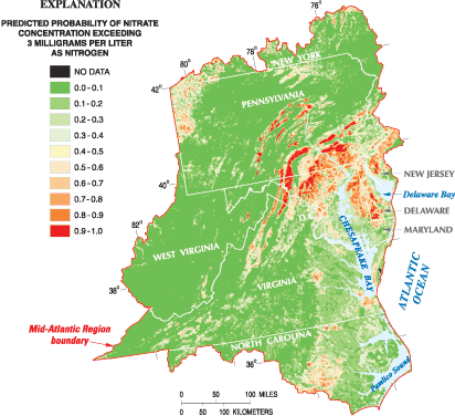 The probability of nitrate concentrations in ground water exceeding 3 milligrams per liter in the Mid-Atlantic Region