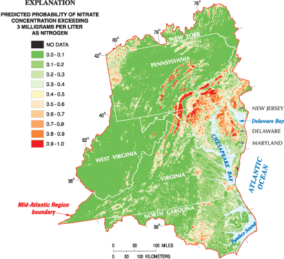 The probability of nitrate concentrations in ground water exceeding 3 milligrams per liter in the Mid-Atlantic Region 