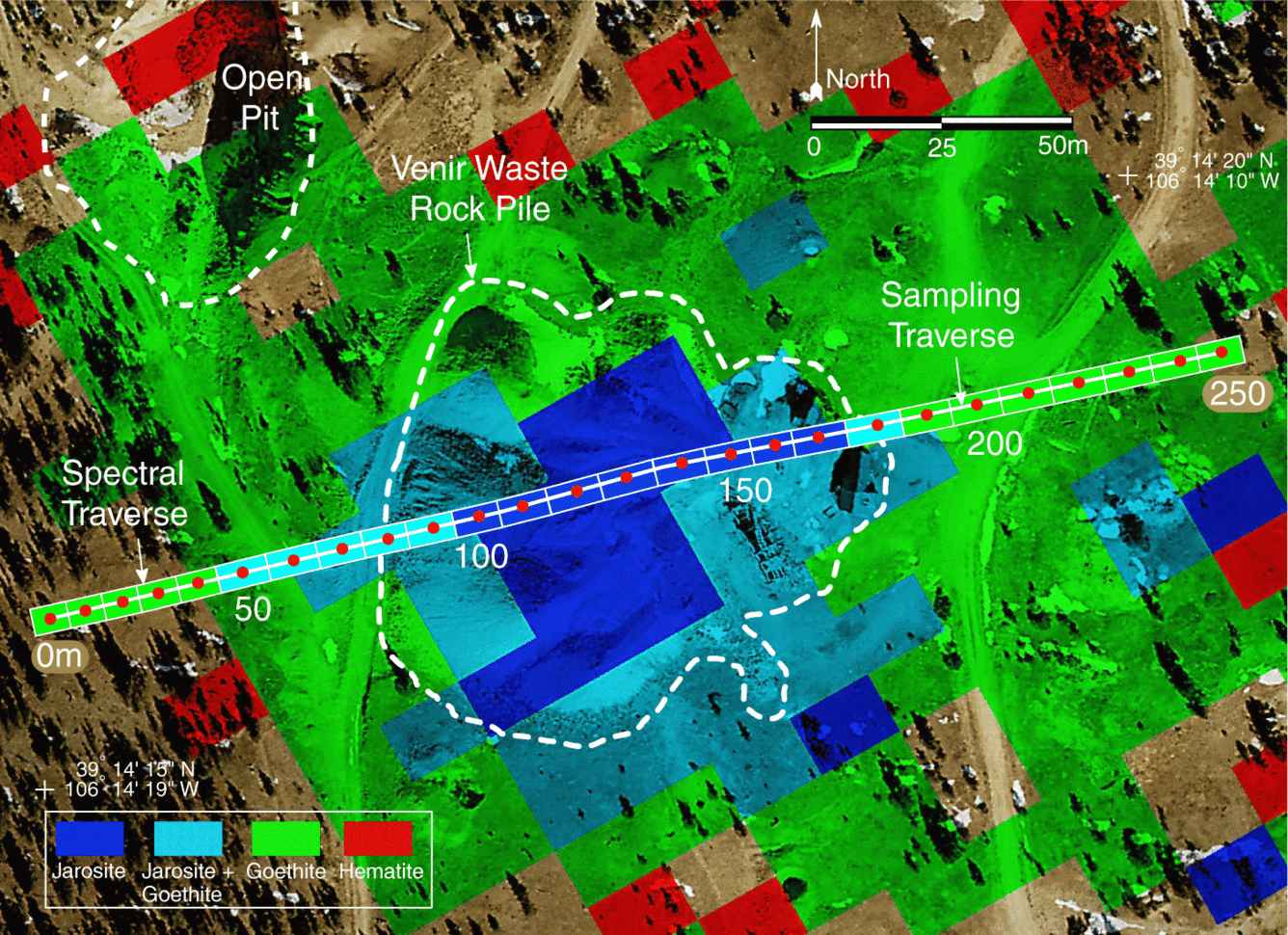 Spectral traverse and AVIRIS mineral maps overlaid on a high-spatial-resolution aerial photograph of the Venir mine-waste pile.