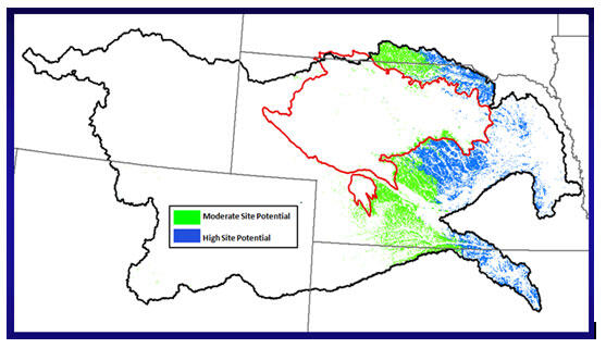 Map delineating potentially suitable areas (green and blue) for cellulosic biofuel development within the GPRB