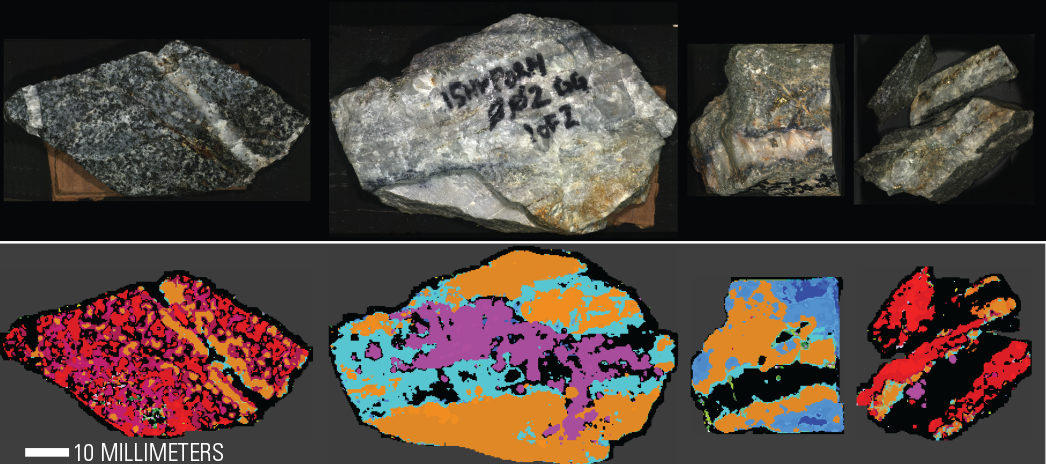 figHand specimen photograph (top) and mineral classification map (bottom) from Corescan data for selected hand specimens collect