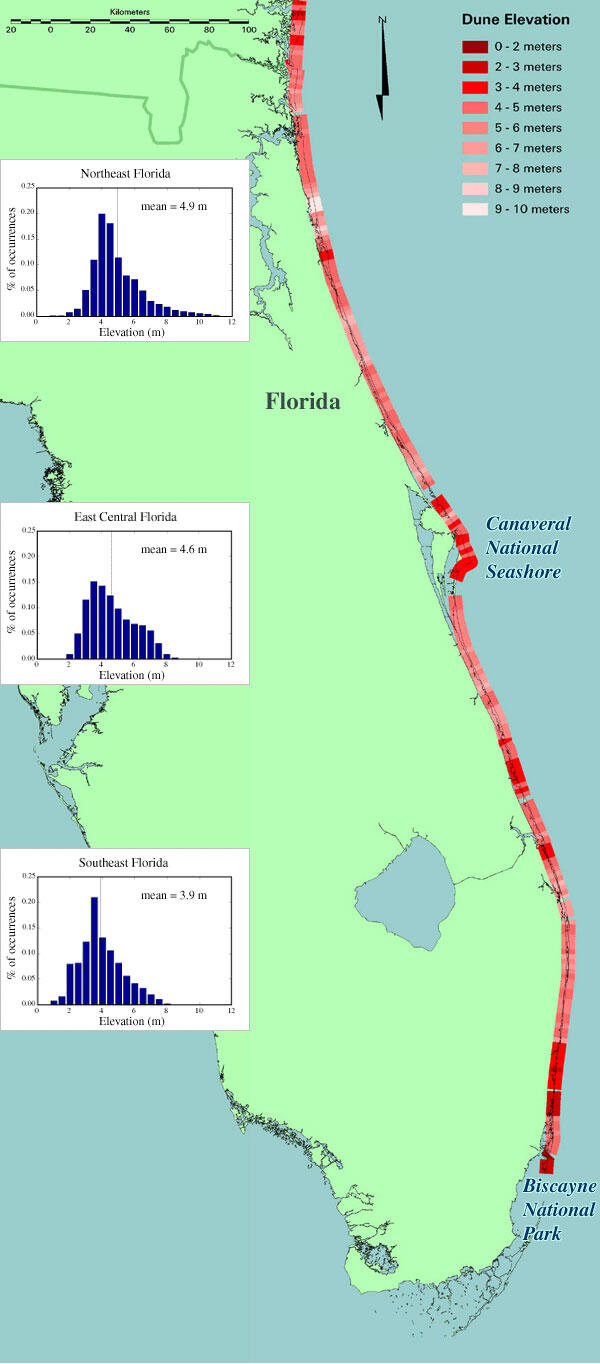 Map of the 'first line of defense' elevations for the eastern coast of Florida