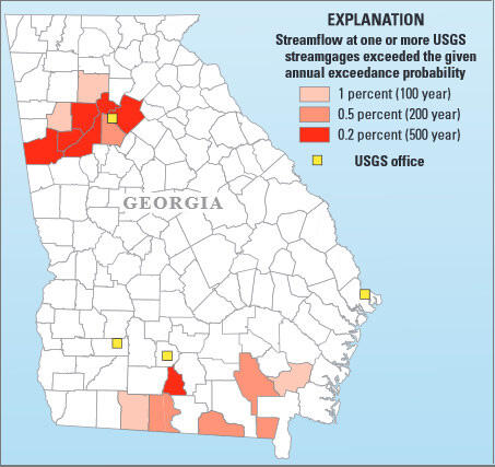 Map of Georgia, by county, showing streamflows exceeding annual exceedance probability, Sept 2009 epic flooding.
