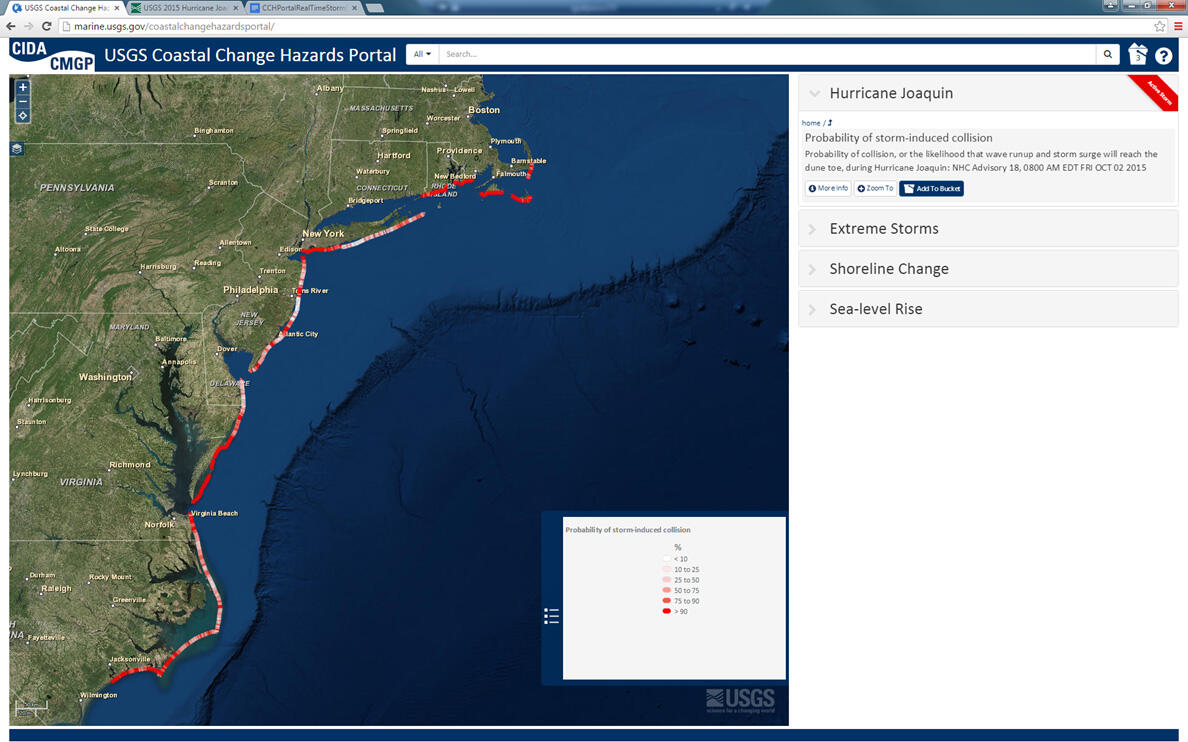 Forecast probability of dune erosion is still high in many areas from Outer Banks to Cape Cod.