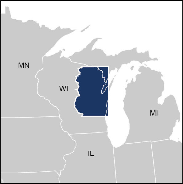 Grey map of the midwest with the Fox-Wolf-Peshtigo watersheds highlighted in blue which drain into Green Bay Wisconsin