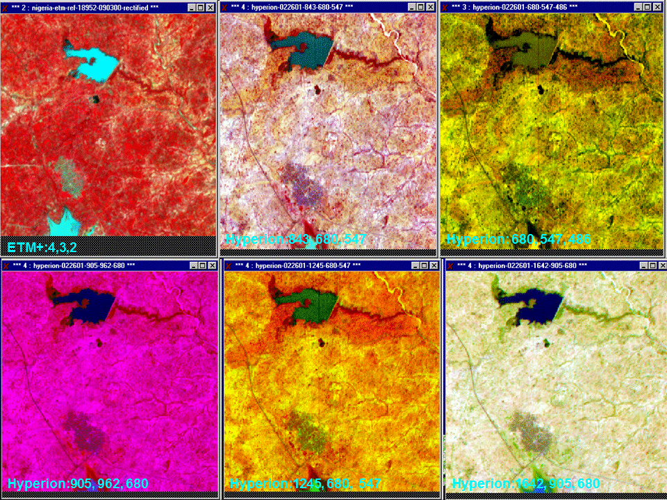 Earth Observing-1 (EO-1) Hyperion hyperspectral data depicted in various false color composites (FCCs)