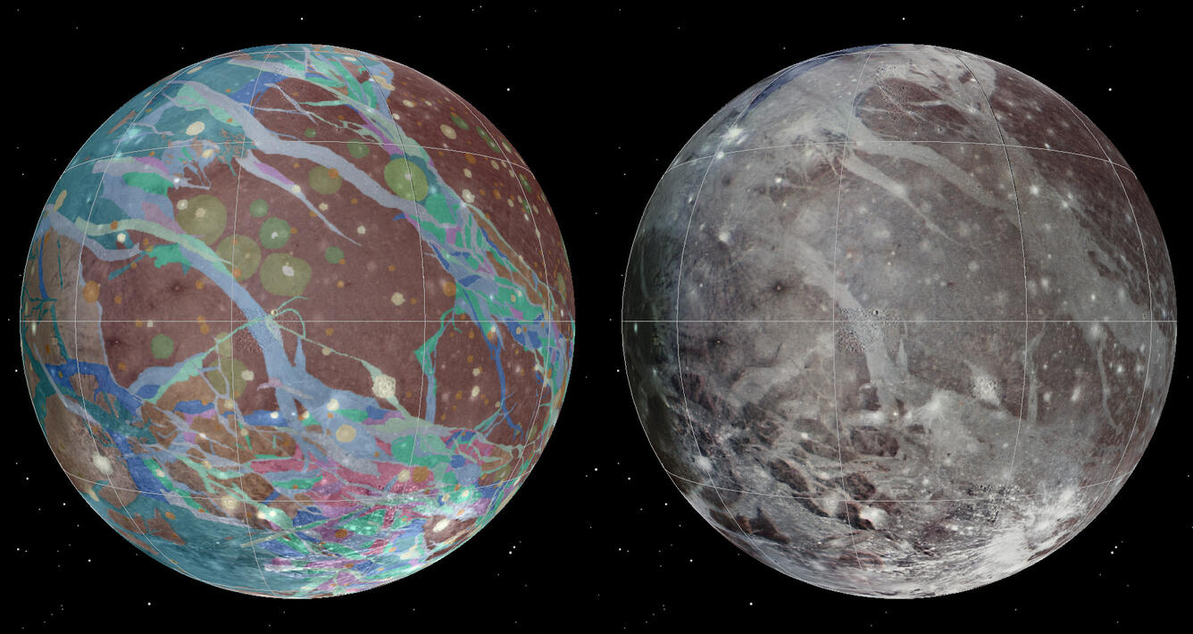 global image mosaic presenting a single view of Jupiter's moon Ganymede