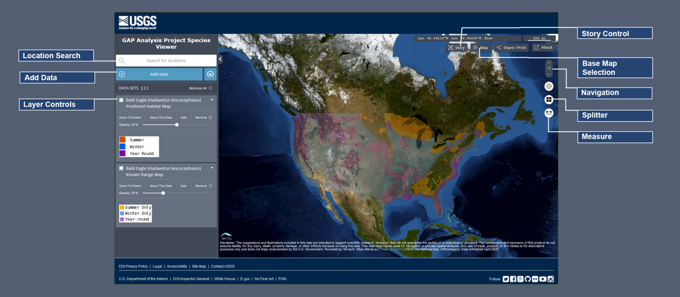 Instructions on the map controls for the GAP Species Viewer