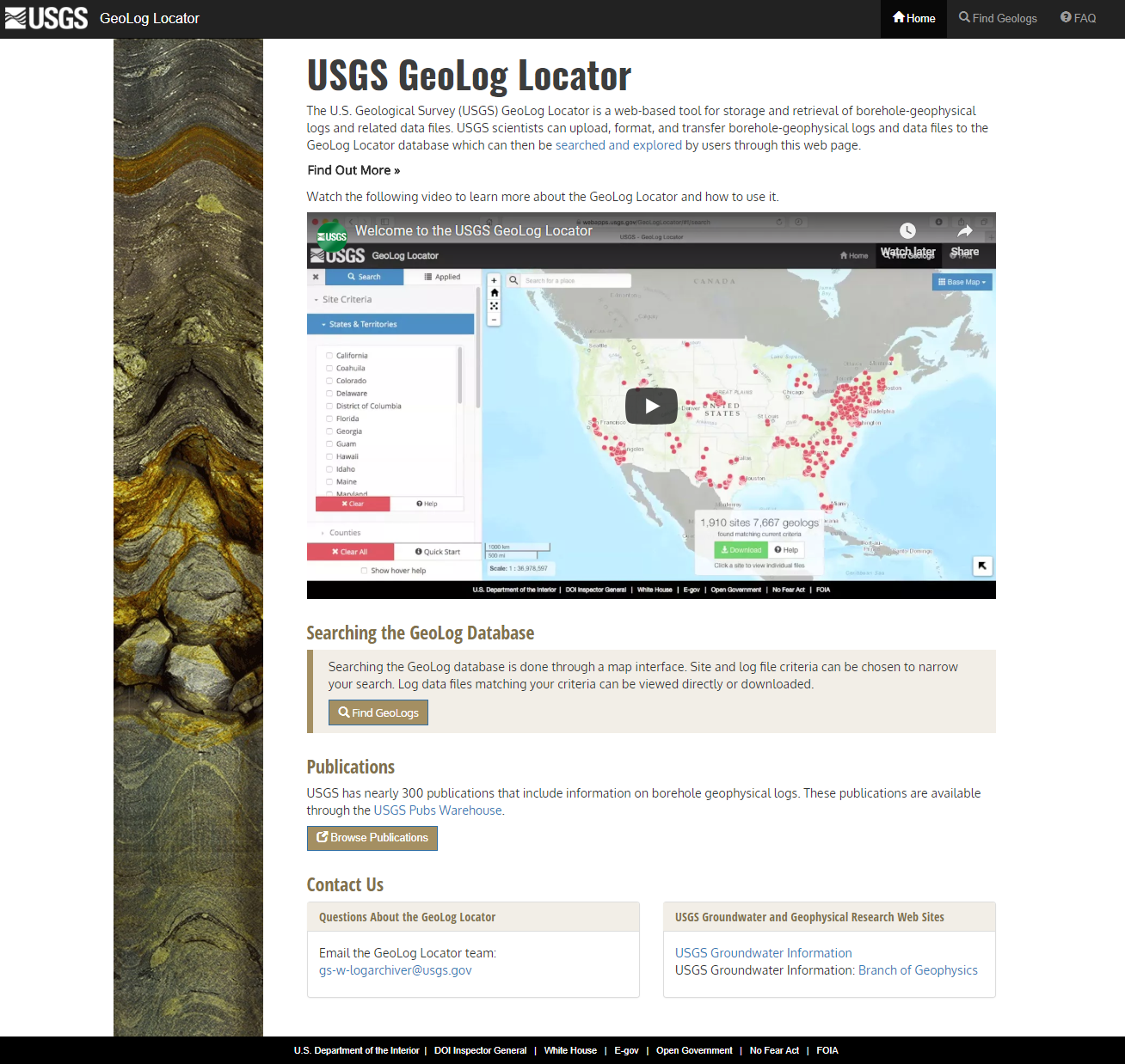 Screen shot of the GeoLog Locator web application