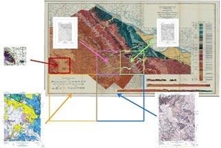 Image of five geologic maps of various publication dates are conflated with a large scale geologic map