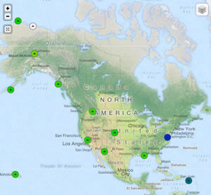 Map showing geomagnetic observatories around the U.S.