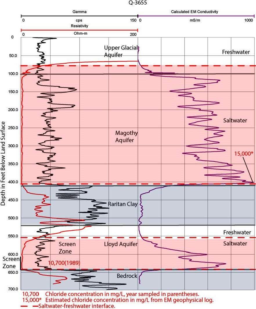 graph in pink and gray showing groundwater moving landward in response to groundwater pumping