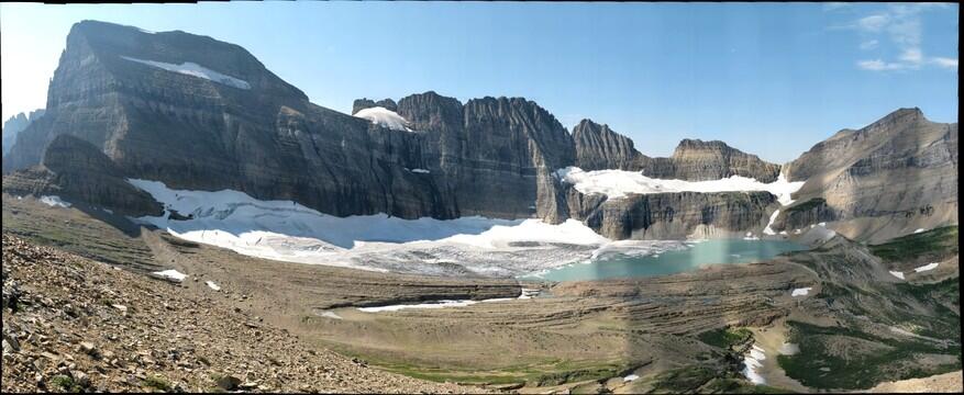 Grinnell Glacier basin in Glacier National Park, Montana includes three glaciers.