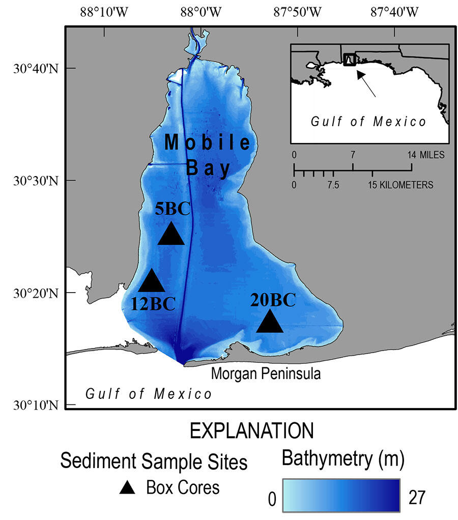 Map showing location of three Mobile Bay box cores