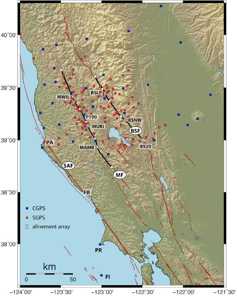 map showing Bartlett Springs fault and Maacama fault