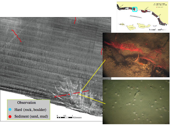 Collage with one map of seafloor texture and two underwater photos with pointers to where they were taken, with location map.